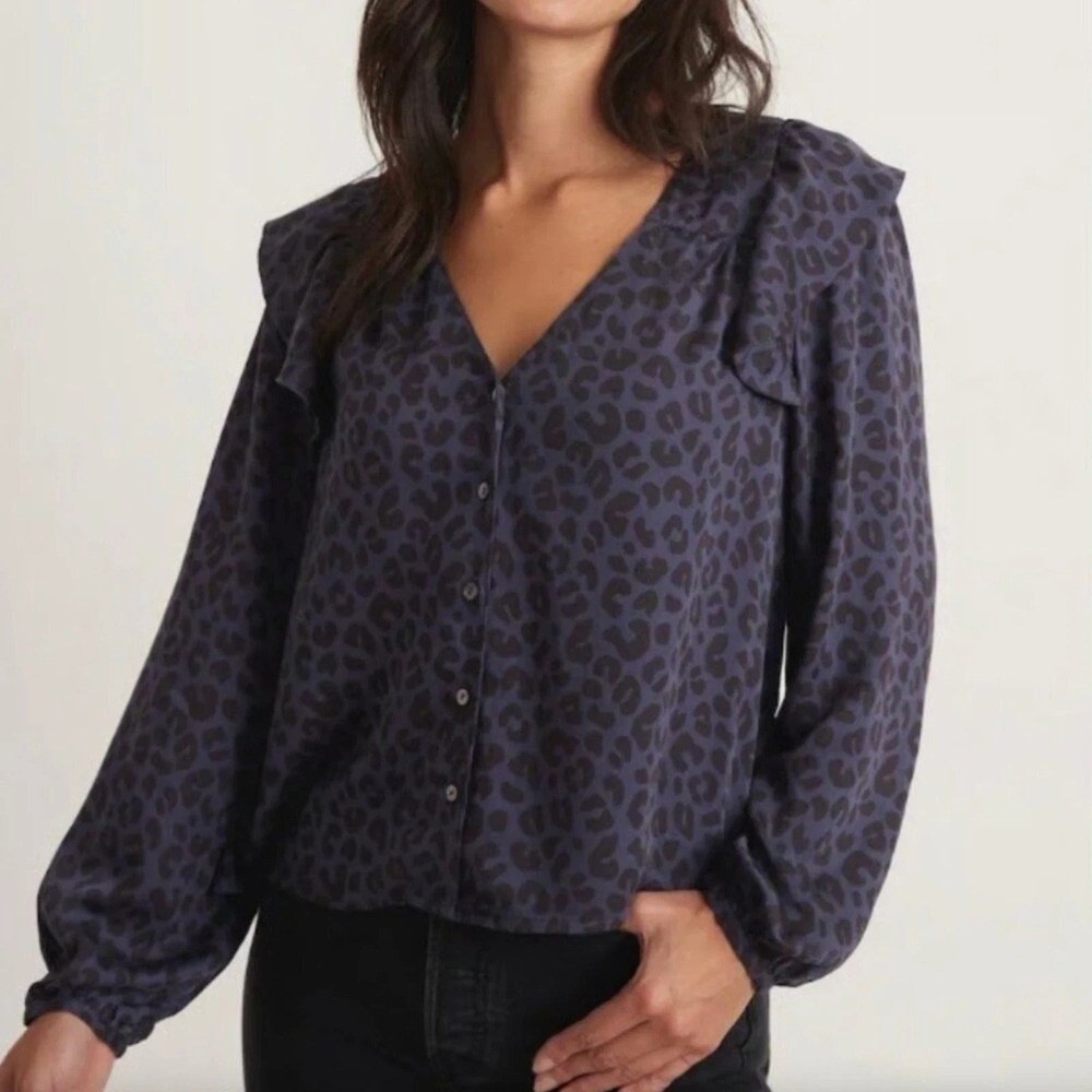 Marine Layer Women's Rory Longsleeve Ruffle Blouse Cheetah‎ Blue Size XS NWT